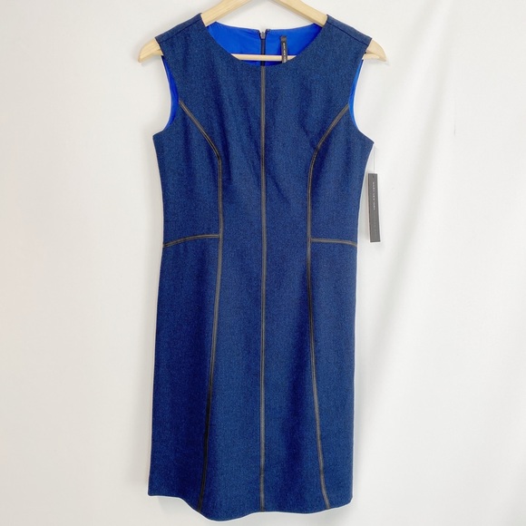 Andrew Mark black faux leather piping detail sheath dress Herringbone blue - Picture 3 of 7